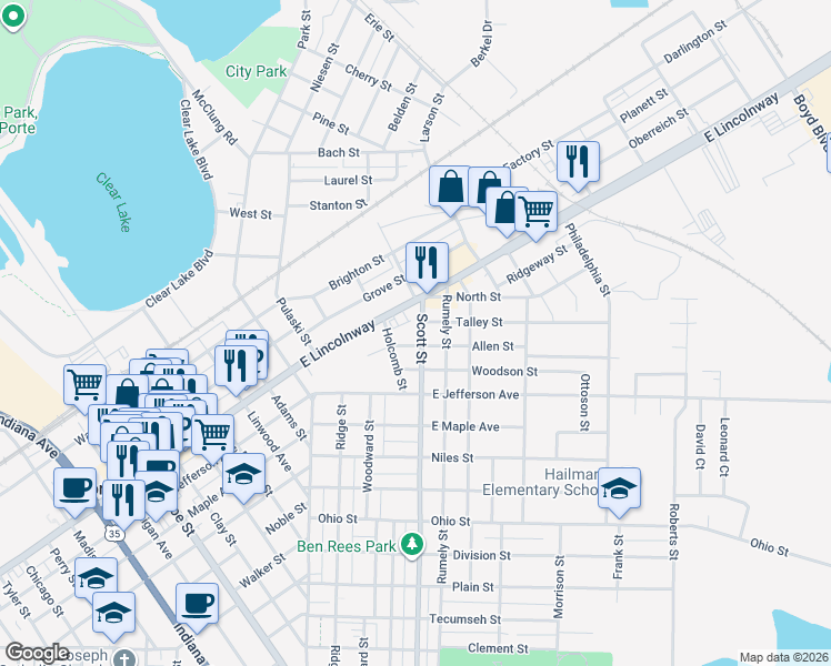 map of restaurants, bars, coffee shops, grocery stores, and more near 310 E Lincolnway in La Porte