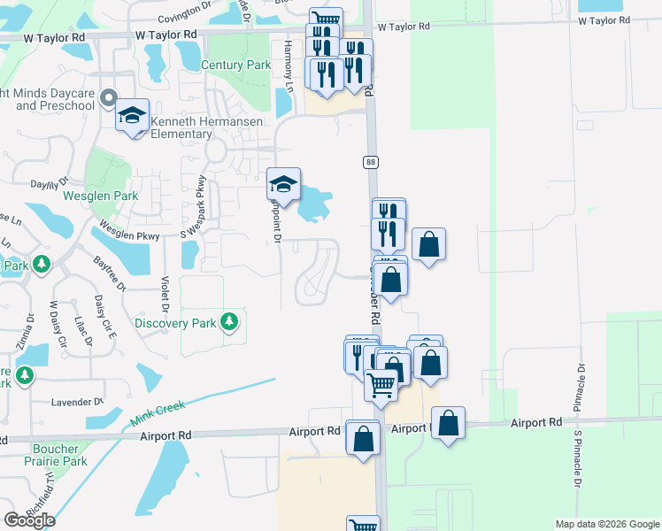 map of restaurants, bars, coffee shops, grocery stores, and more near 223 South Alder Creek Drive in Romeoville