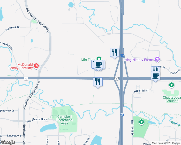 map of restaurants, bars, coffee shops, grocery stores, and more near 11989 Hickman Road in Urbandale