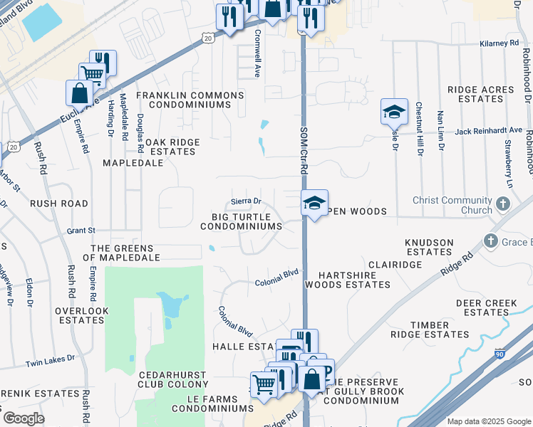map of restaurants, bars, coffee shops, grocery stores, and more near 5460 Hampton Court in Willoughby
