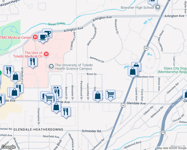 map of restaurants, bars, coffee shops, grocery stores, and more near 1302 Stanwix Drive in Toledo