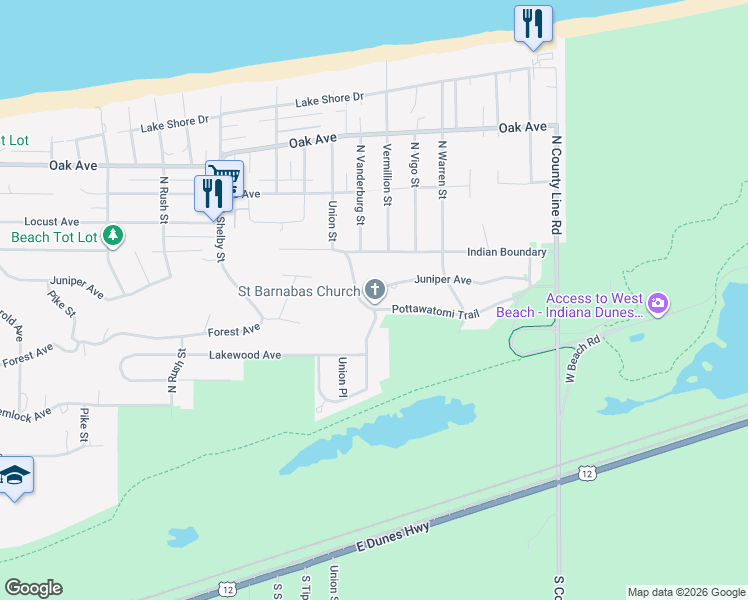 map of restaurants, bars, coffee shops, grocery stores, and more near 8948 Juniper Ave in Gary
