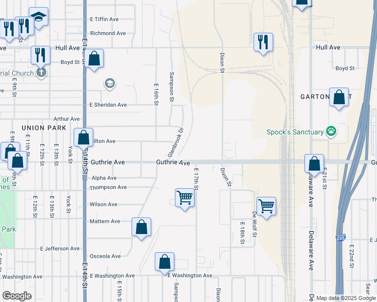 map of restaurants, bars, coffee shops, grocery stores, and more near 1680 Guthrie Avenue in Des Moines
