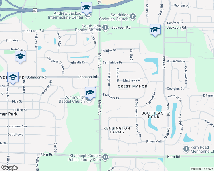 map of restaurants, bars, coffee shops, grocery stores, and more near 5533 Raleigh Drive in South Bend