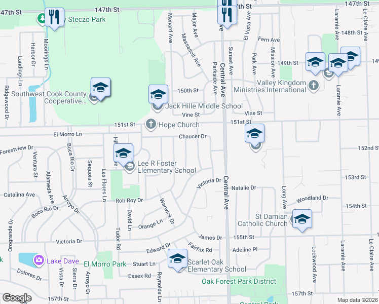 map of restaurants, bars, coffee shops, grocery stores, and more near 15142 Oxford Drive in Oak Forest