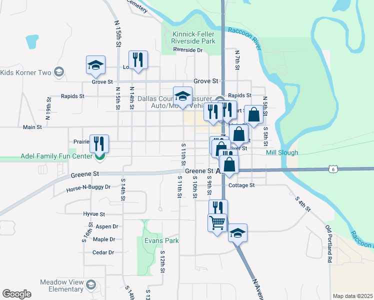 map of restaurants, bars, coffee shops, grocery stores, and more near 202 South 10th Street in Adel
