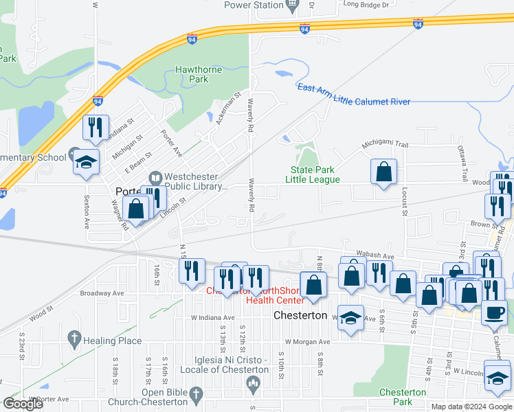 map of restaurants, bars, coffee shops, grocery stores, and more near 204 Waverly Road in Chesterton
