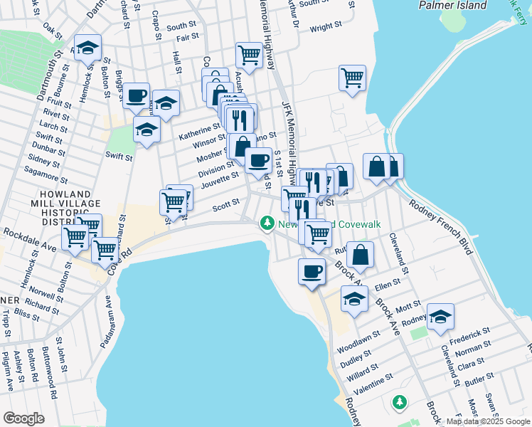 map of restaurants, bars, coffee shops, grocery stores, and more near 24 Margin Street in New Bedford