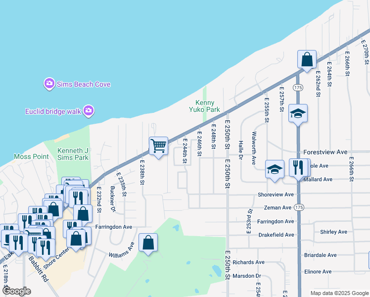 map of restaurants, bars, coffee shops, grocery stores, and more near 24390 Lakeshore Boulevard in Euclid