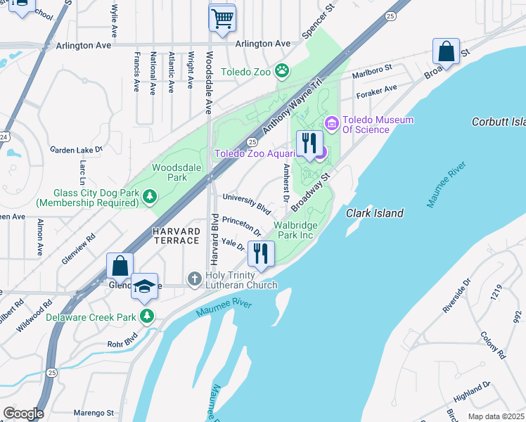 map of restaurants, bars, coffee shops, grocery stores, and more near 126 University Boulevard in Toledo