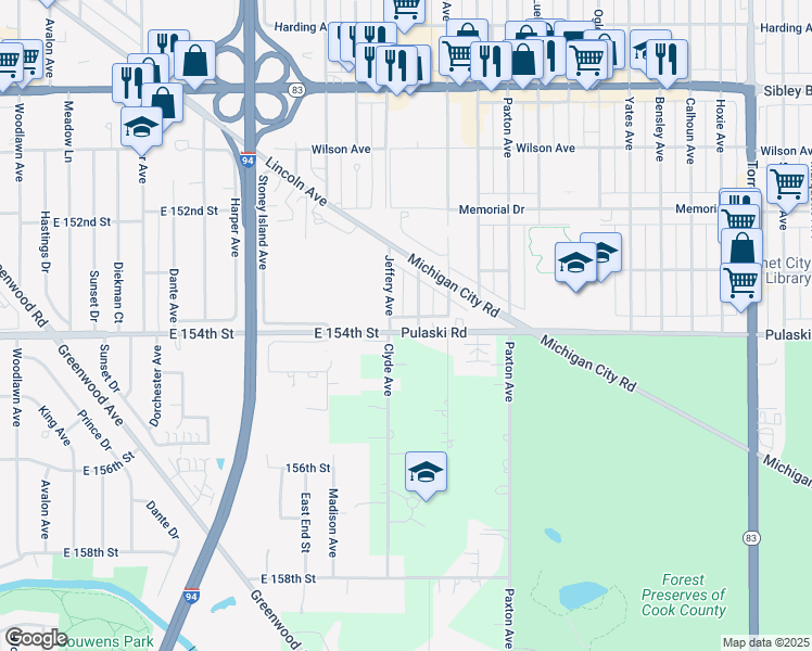 map of restaurants, bars, coffee shops, grocery stores, and more near 673 Jeffery Avenue in Calumet City