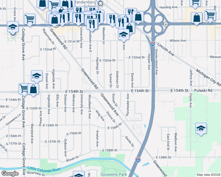 map of restaurants, bars, coffee shops, grocery stores, and more near 15335 Sunset Drive in Dolton