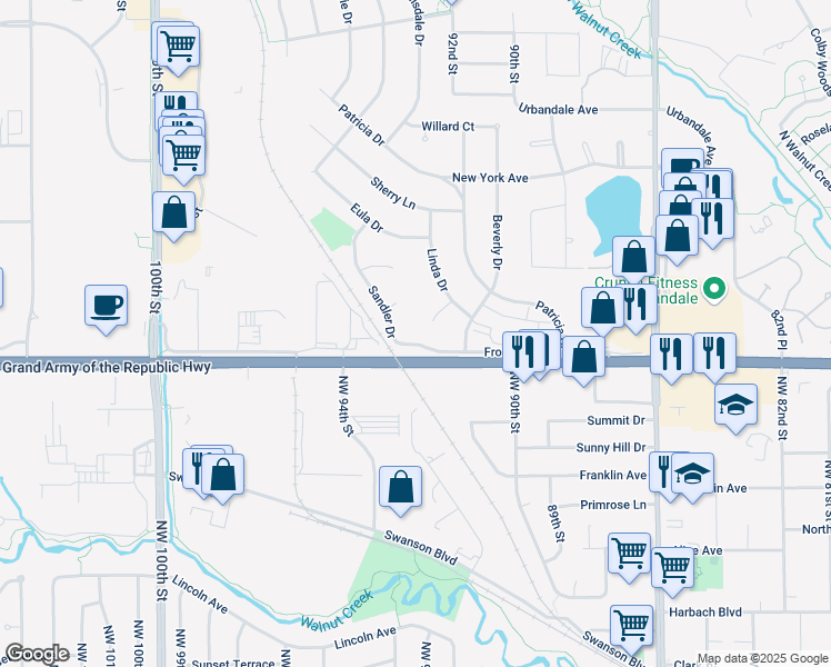 map of restaurants, bars, coffee shops, grocery stores, and more near 2300 Linda Circle in Urbandale