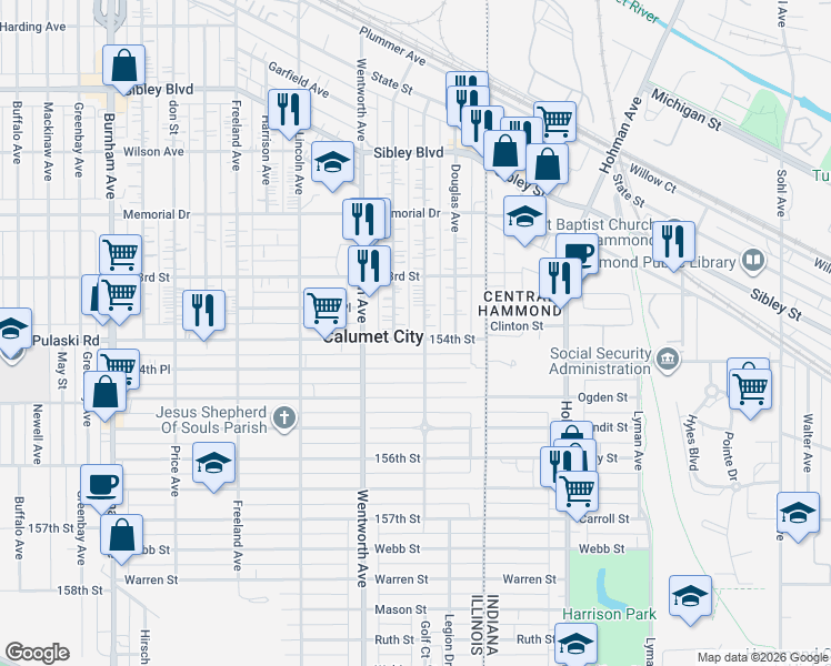 map of restaurants, bars, coffee shops, grocery stores, and more near 684 Forsythe Avenue in Calumet City