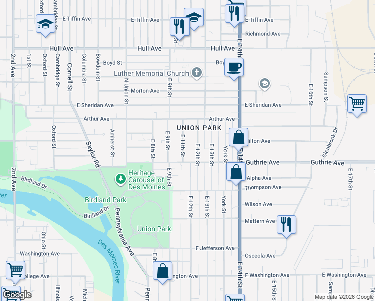 map of restaurants, bars, coffee shops, grocery stores, and more near 2330 East 12th Street in Des Moines