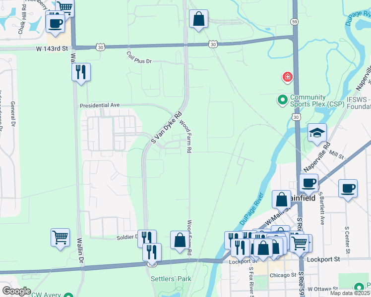 map of restaurants, bars, coffee shops, grocery stores, and more near 14601 Paul Revere Lane in Plainfield