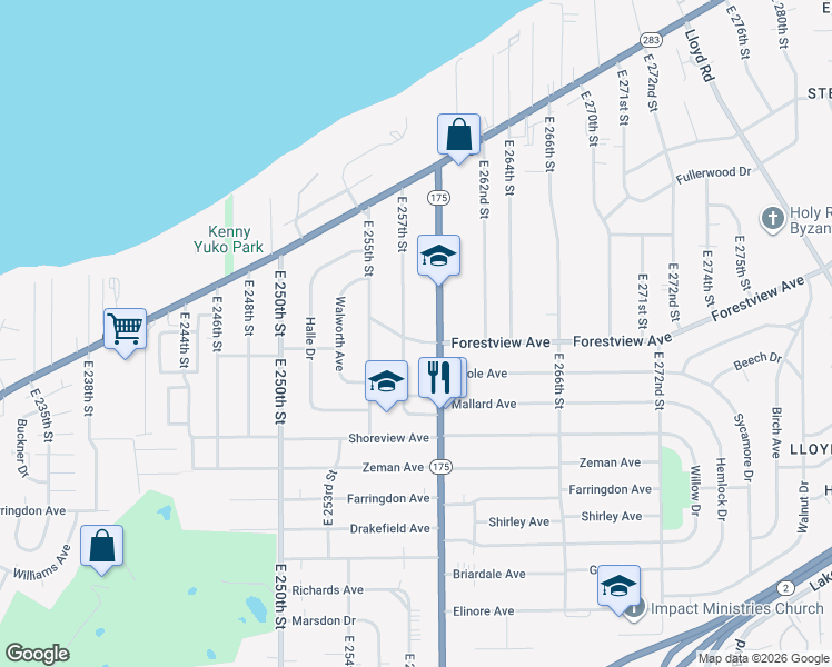 map of restaurants, bars, coffee shops, grocery stores, and more near 25801 Forestview Avenue in Euclid