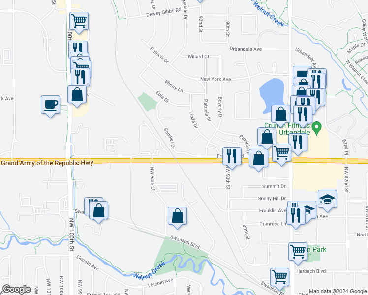 map of restaurants, bars, coffee shops, grocery stores, and more near 9309 Sandler Drive in Urbandale