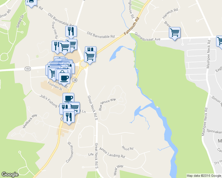 map of restaurants, bars, coffee shops, grocery stores, and more near 22 Gold Leaf Lane in Mashpee