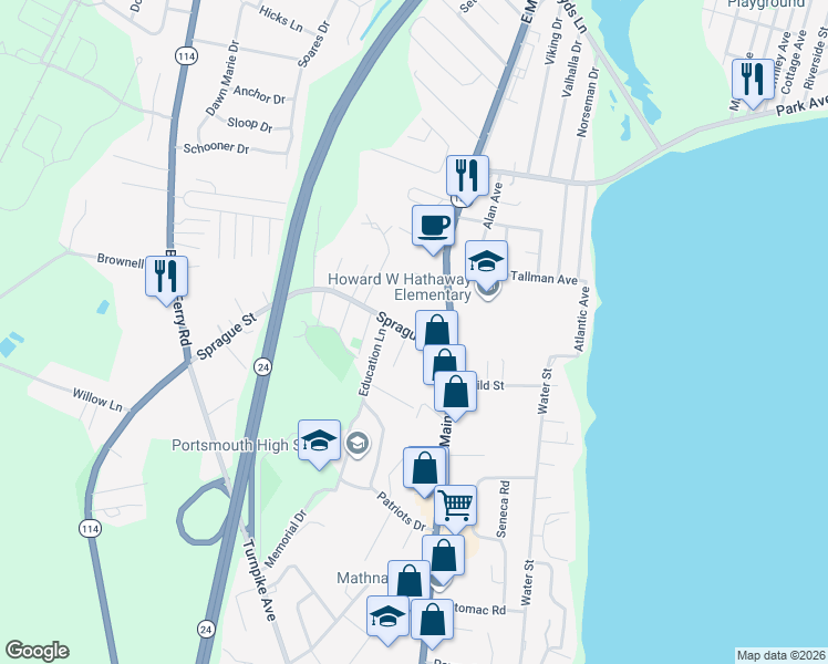 map of restaurants, bars, coffee shops, grocery stores, and more near 49 Sprague Street in Portsmouth