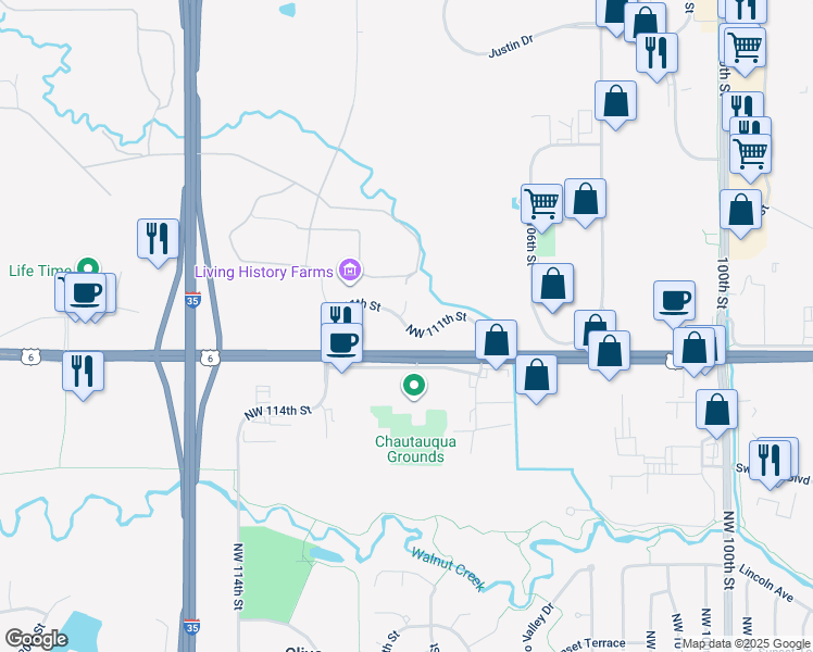 map of restaurants, bars, coffee shops, grocery stores, and more near Northwest 111th Street in Urbandale