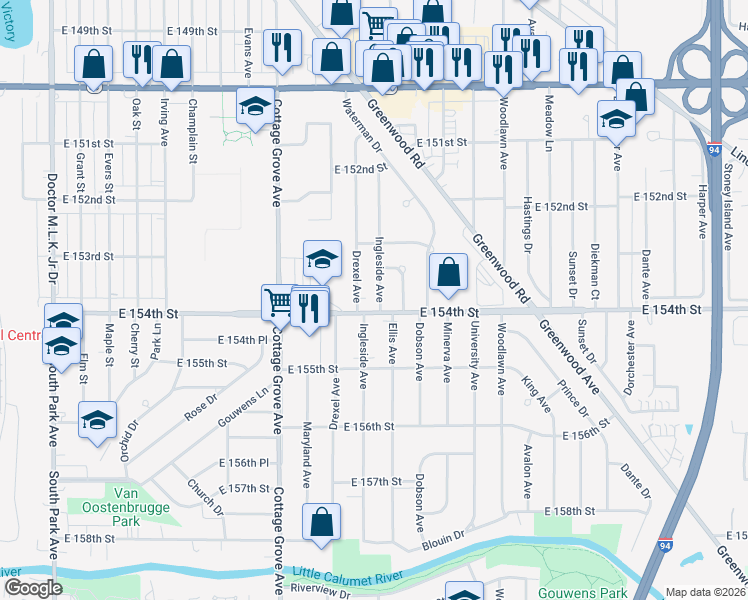 map of restaurants, bars, coffee shops, grocery stores, and more near 15353 Drexel Avenue in South Holland