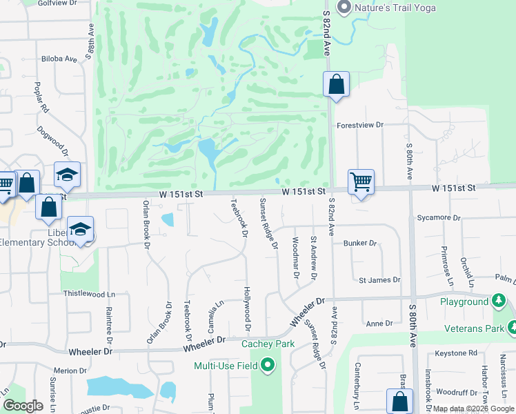 map of restaurants, bars, coffee shops, grocery stores, and more near 15108 Sunset Ridge Drive in Orland Park