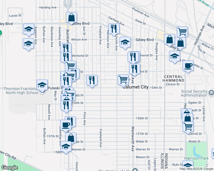 map of restaurants, bars, coffee shops, grocery stores, and more near 333 153rd Place in Calumet City