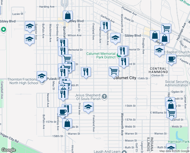map of restaurants, bars, coffee shops, grocery stores, and more near 333 153rd Place in Calumet City