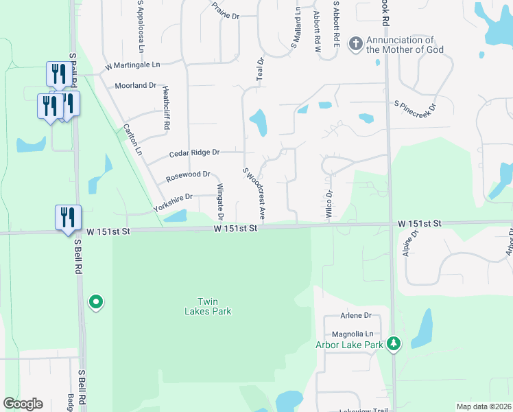 map of restaurants, bars, coffee shops, grocery stores, and more near 15022 South Woodcrest Avenue in Lockport