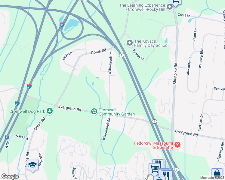 map of restaurants, bars, coffee shops, grocery stores, and more near 76 Willowbrook Road in Cromwell