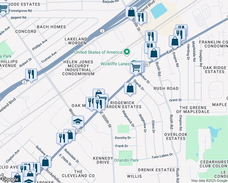 map of restaurants, bars, coffee shops, grocery stores, and more near 30125 Euclid Avenue in Wickliffe