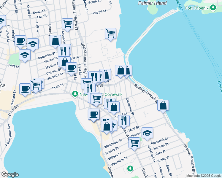 map of restaurants, bars, coffee shops, grocery stores, and more near 7 Ashley Street in New Bedford