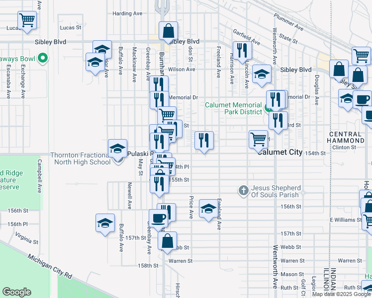 map of restaurants, bars, coffee shops, grocery stores, and more near 669 Price Avenue in Calumet City