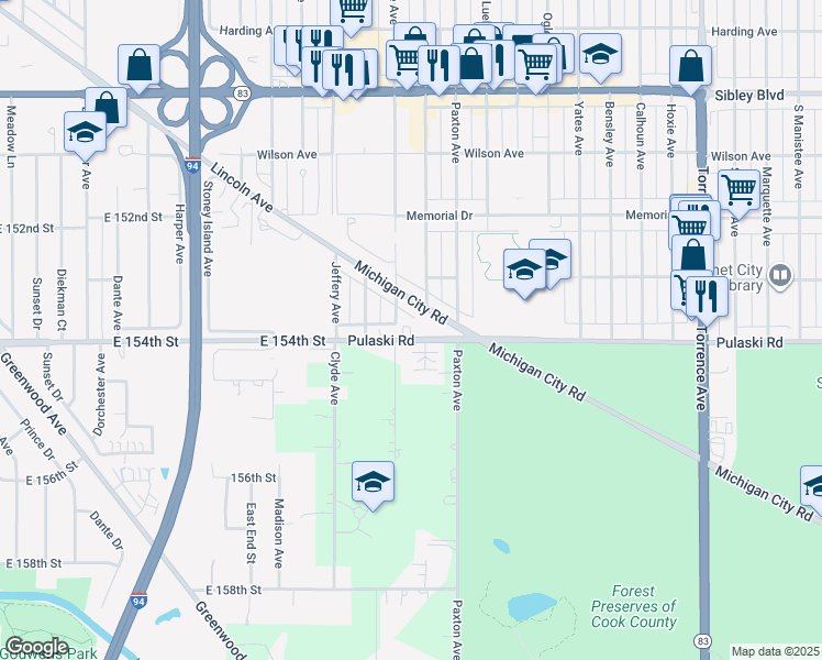 map of restaurants, bars, coffee shops, grocery stores, and more near 1751 Michigan City Road in Calumet City