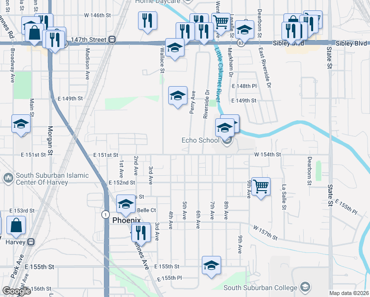 map of restaurants, bars, coffee shops, grocery stores, and more near 15339 South Zion Avenue in South Holland