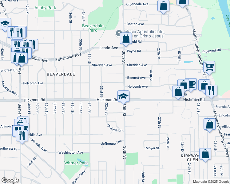 map of restaurants, bars, coffee shops, grocery stores, and more near 2400 30th Street in Des Moines