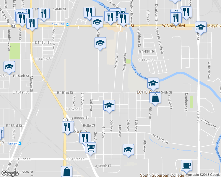 map of restaurants, bars, coffee shops, grocery stores, and more near 15046 Perry Avenue in South Holland