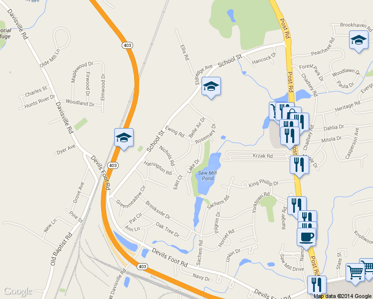 map of restaurants, bars, coffee shops, grocery stores, and more near 87 Ewing Road in North Kingstown