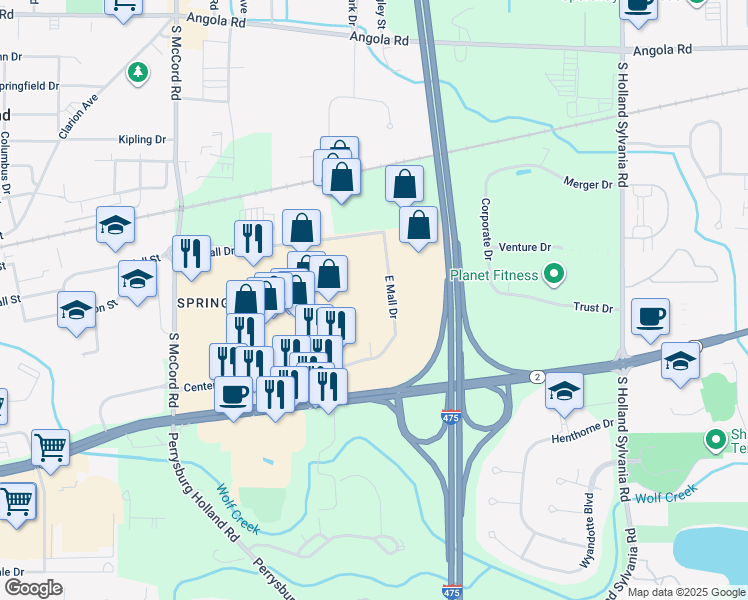 map of restaurants, bars, coffee shops, grocery stores, and more near 1465 East Mall Drive in Holland