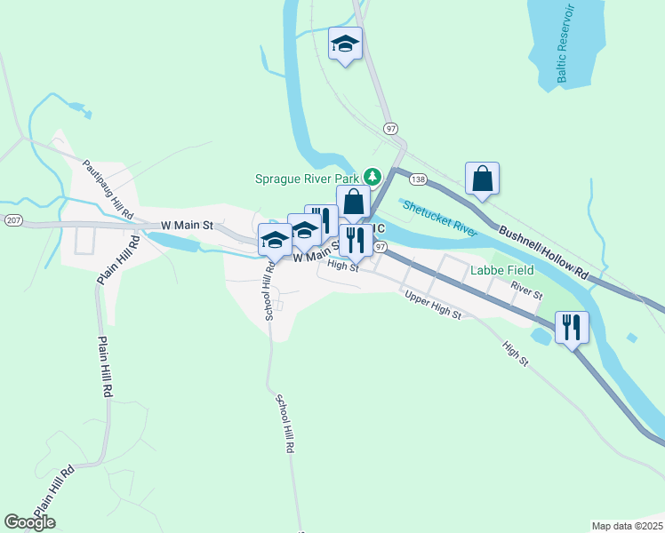 map of restaurants, bars, coffee shops, grocery stores, and more near 104 High Street in Sprague
