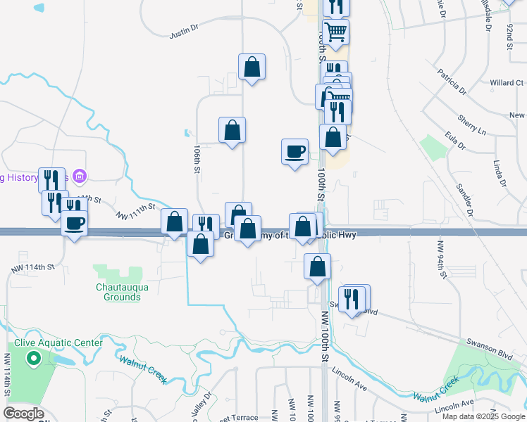 map of restaurants, bars, coffee shops, grocery stores, and more near 10315 Hickman Road in Urbandale