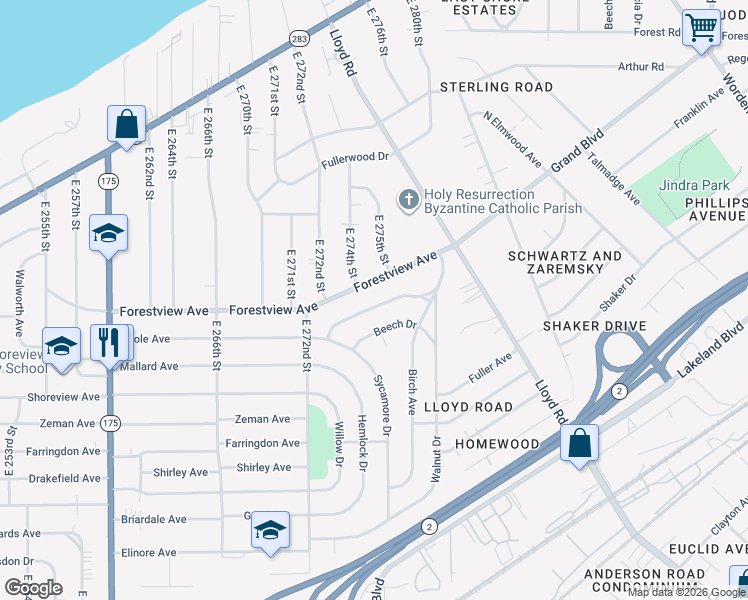 map of restaurants, bars, coffee shops, grocery stores, and more near 27361 Markbarry Avenue in Euclid