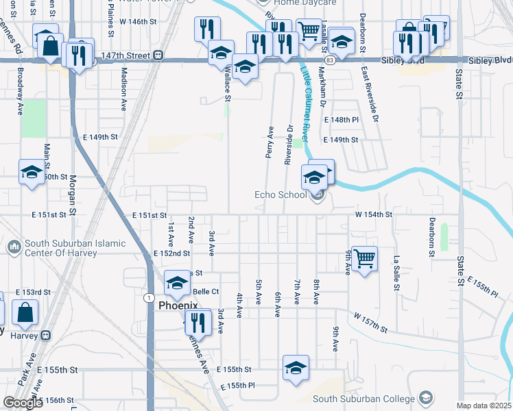 map of restaurants, bars, coffee shops, grocery stores, and more near 15046 Perry Avenue in South Holland