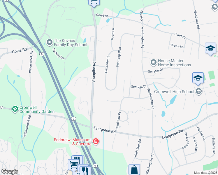 map of restaurants, bars, coffee shops, grocery stores, and more near 1 Winthrop Boulevard in Cromwell