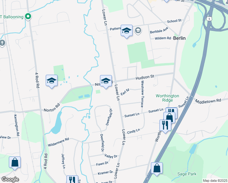 map of restaurants, bars, coffee shops, grocery stores, and more near 490 Lower Lane in Berlin