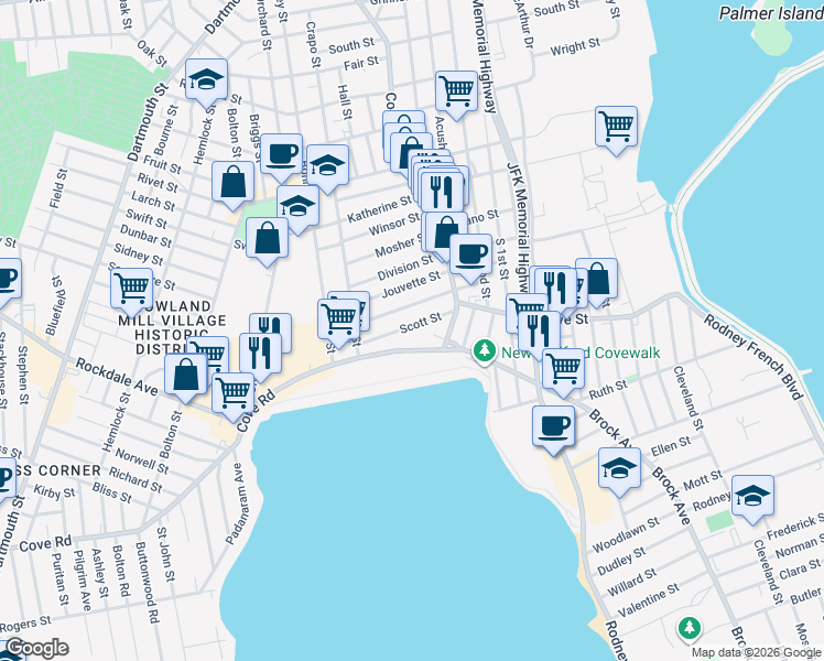 map of restaurants, bars, coffee shops, grocery stores, and more near 46 Scott Street in New Bedford