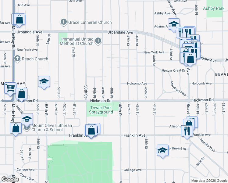 map of restaurants, bars, coffee shops, grocery stores, and more near 2404 48th Place in Des Moines