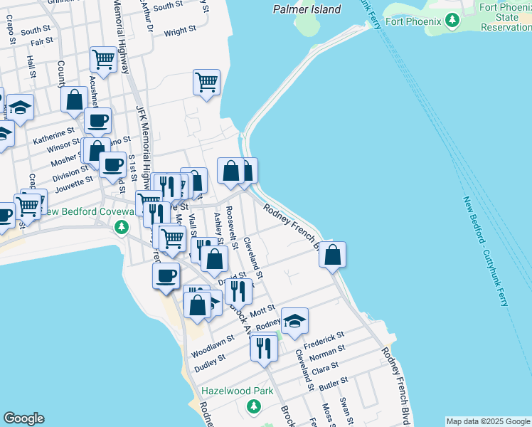 map of restaurants, bars, coffee shops, grocery stores, and more near 1775 East Rodney French Boulevard in New Bedford