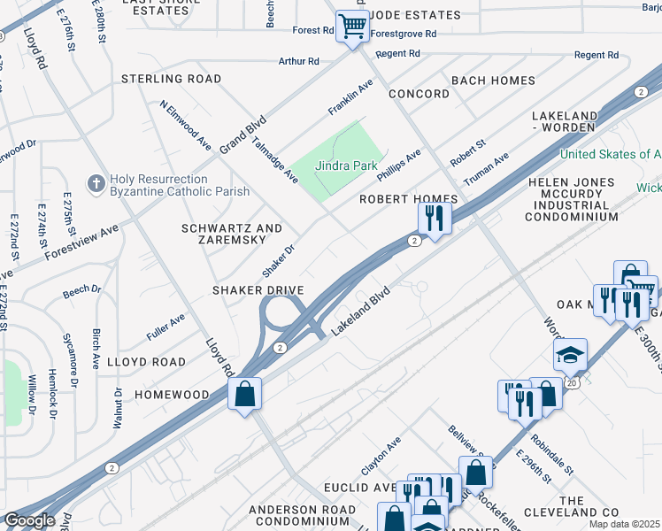 map of restaurants, bars, coffee shops, grocery stores, and more near 1020 Richard Court in Wickliffe